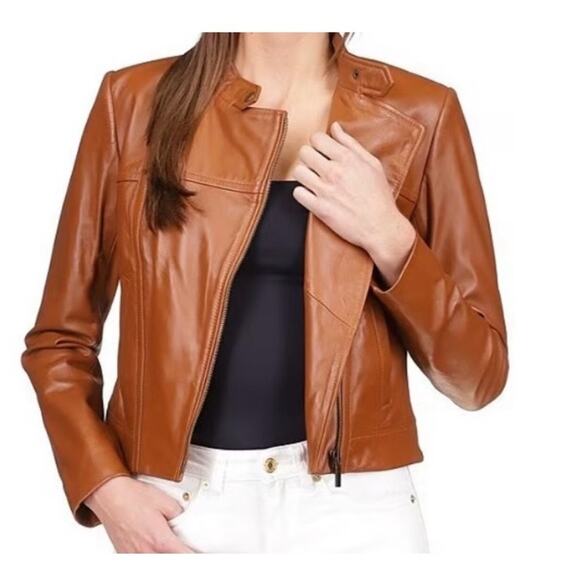 Michael Kors Jackets & Blazers - Michael Kors Carmel Brown Moto  100 % leather jacket medium small